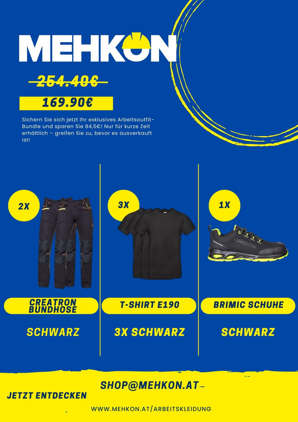 2x CREATRON Bundhose, 3x T-Shirt E190, 1x BRIMIC Schuhe